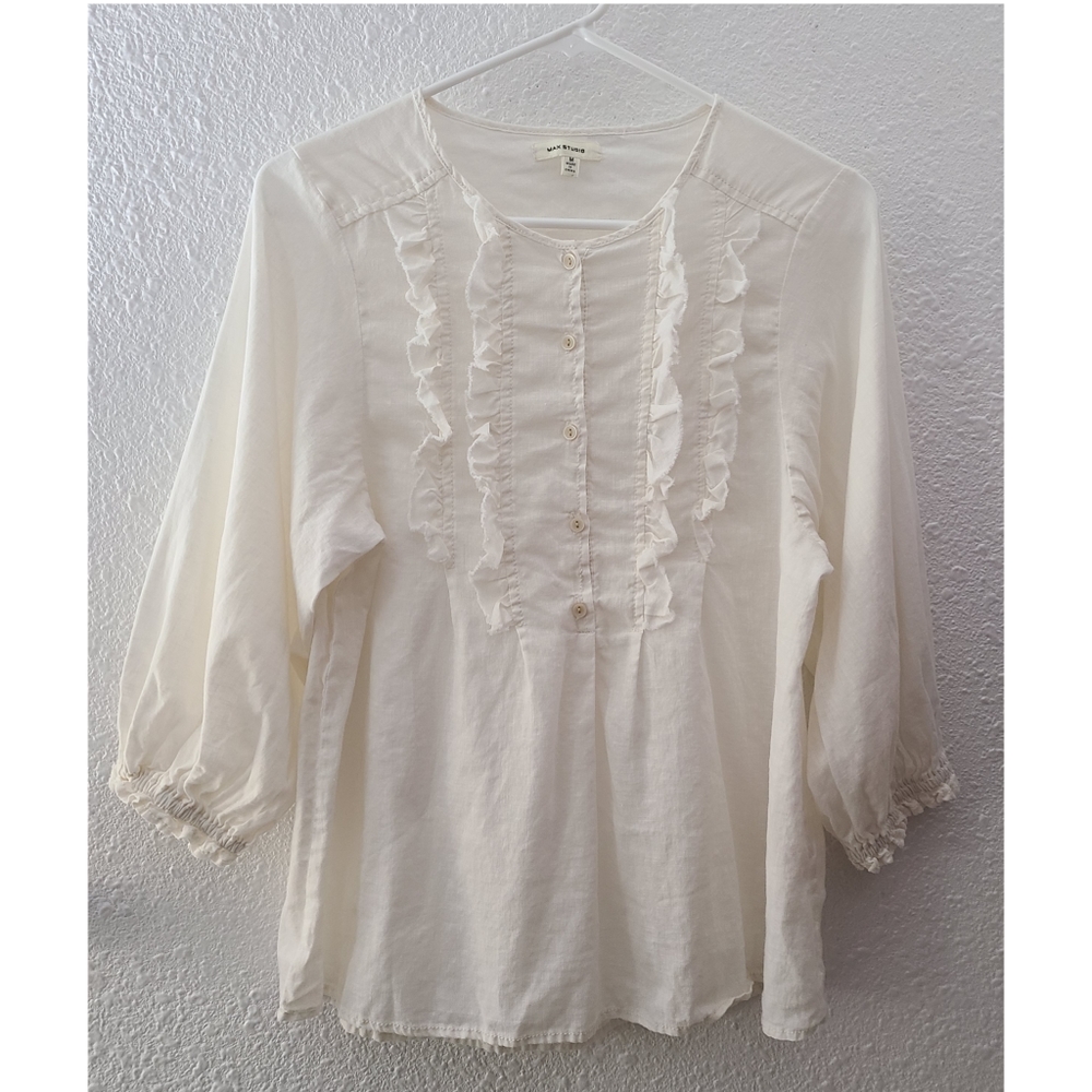 Max Studio ivory linen blend ruffle blouse